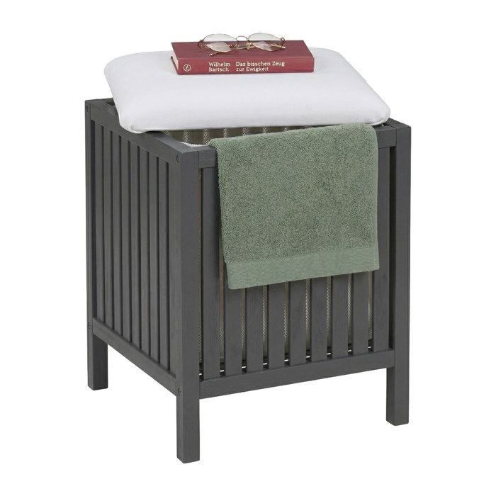 Relaxdays Panier à linge siège gris/blanc couvercle rembourré HxLxP 51x38x38 cm noyer tabouret de bain