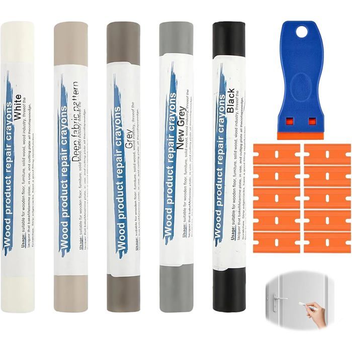 Kit Reparation Parquet 5 Couleurs Gris Pate a Bois Rebouchage avec Spatule et Lames Mastic Bois pour Stratifie