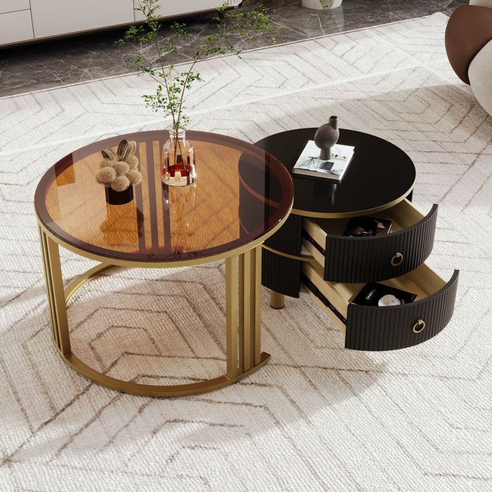 Table basse ronde 2-en-1 avec 2 tiroirs plateau haute brillance et verre trempé pour salon noir - UVRION