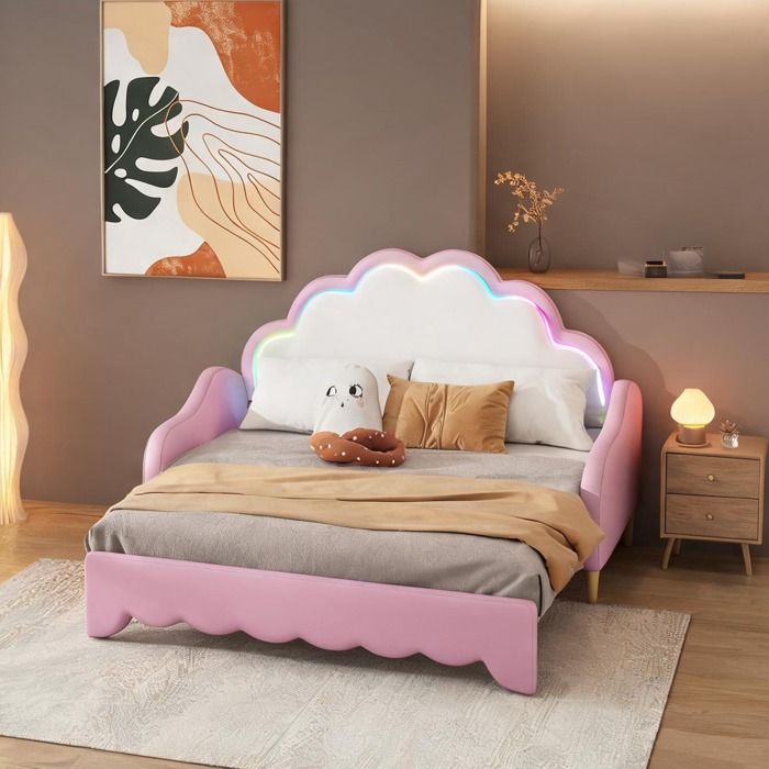 Sommier convertible rose en PU et MDF 140x200 cm avec éclairage LED et fonction canapé-lit