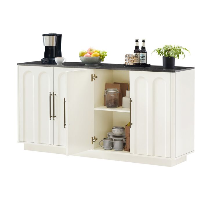 Buffet bas 160 cm – Sideboard 4 portes – Blanc et noir – MDF – Soft-close