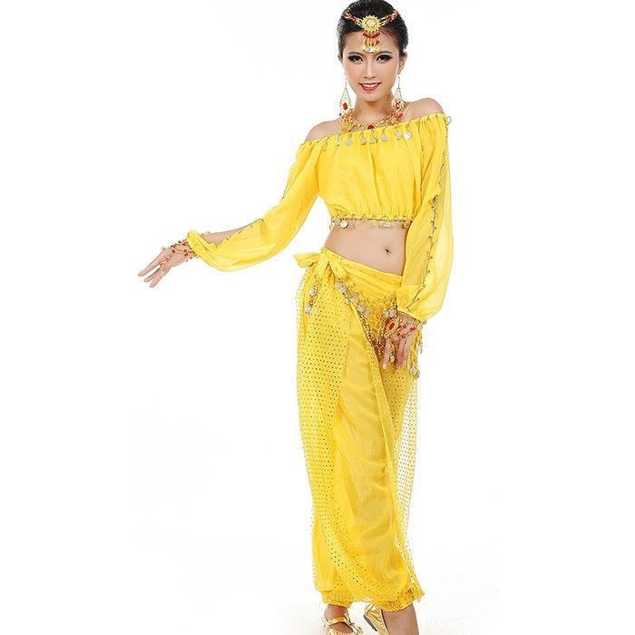 Costume de danse orientale - ASTAGE - Universel - Jaune - Ensemble complet (top pantalon voile) - Voile 128 sequins