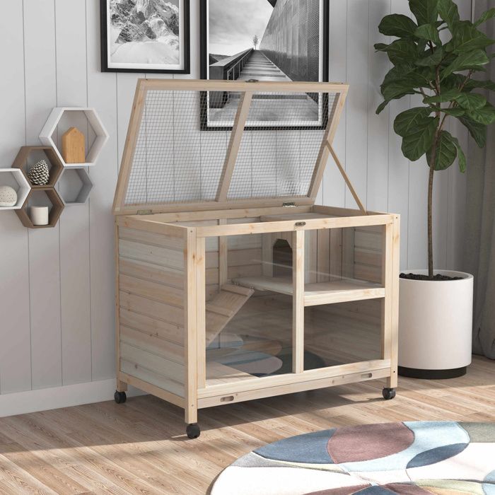 Cage pour petits animaux 2 niveaux en bois de sapin verni naturel avec 4 roulettes