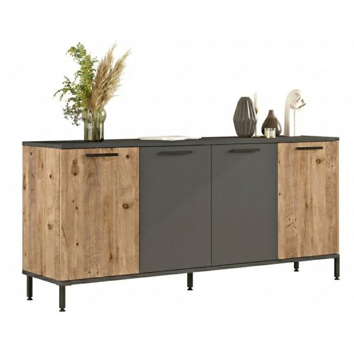 Buffet Bas 4 Portes 4 Niches Chêne et Gris Pieds Métal L 160 H 71.8 P 40 cm - L 160 x l 40 x H 71.8 cm Buffet Bas 4 Portes 4 Niches Chêne et Gris Pieds Métal L 160 H 71.8 P 40 cm - L 160 x l 40 x H 71.8 cm
