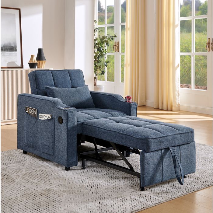 Fauteuil-lit convertible 1 place bleu marine USB/USB-C porte-gobelet inox poches latérales dossier 3 positions 190 cm