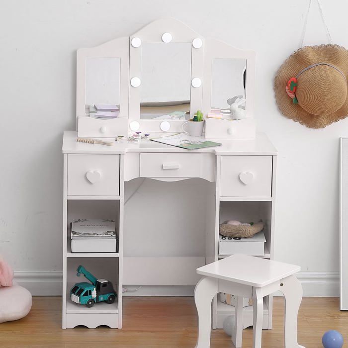 Coiffeuse enfant avec miroir amovible et tabouret – Table de maquillage en bois MDF avec espace de rangement-99 x 70 x 34 cm- blanc