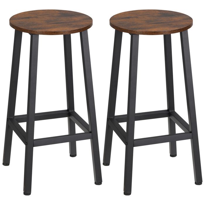 CollaHausse Lot de 2 Tabourets de Cuisine Hauts de 65 cm avec Assise en Mélamine et Pieds en Acier Marron Rustique