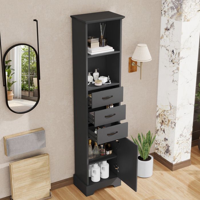 Colonne de Rangement Noir Mince Meuble de Salle de Bain Gain de Place Chiffonnier Haut avec 3 Tiroirs 38x26x172cm