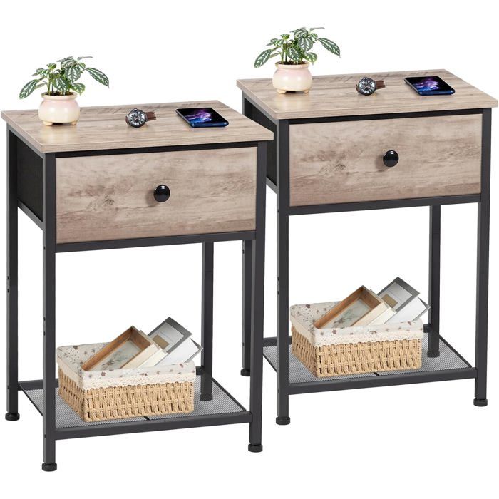 Lot de 2 tables de chevet - tiroir en tissu et étagère de rangement - métal et bois gris - 30 x 40 x 55 cm