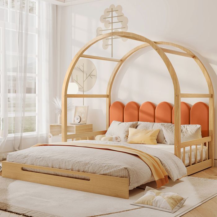 Lit dôme extensible lit gigogne lit simple/double coussins en velours cadre pin naturel/orange (140x100&200cm)