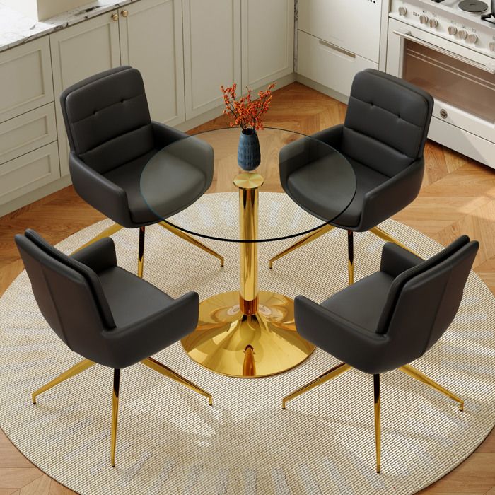 Table de Salle à Manger 4 Personnes avec 4 Chaises Pivotantes 360° - ELVMI - Verre Trempé PU Noir Métal Doré 85 cm