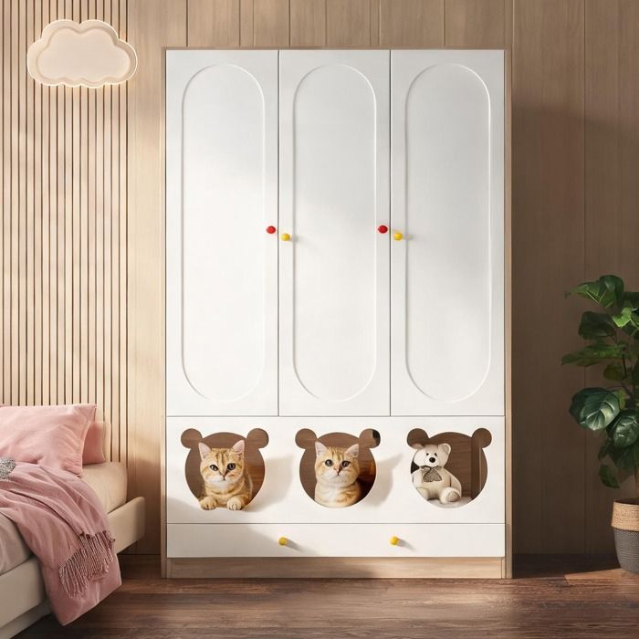Ensemble deux armoires enfant 160x50x200 cm blanc laqué et bois naturel avec penderie étagères et niche chat