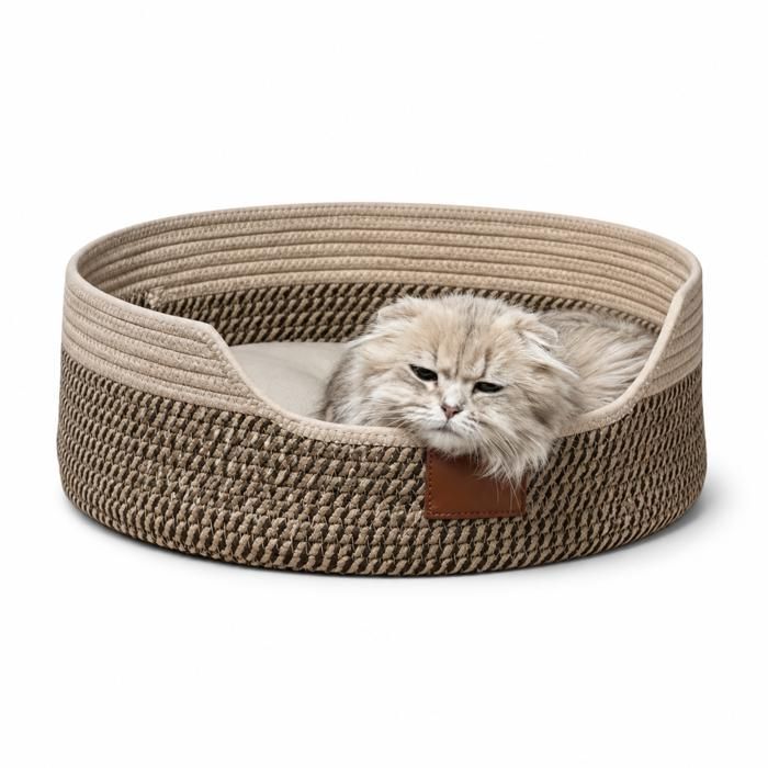 Panier pour chat avec coussin - Lit pour chat en coton tressé lavable - Panier de 50 cm pour lété et lhiver - Blanc et noir