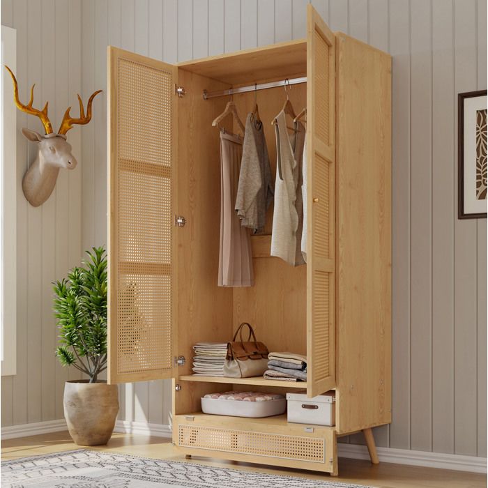 Armoire 2 Portes Naturel Penderie Rotin FloraGrace Pour Chambre Ou Salon Tringle Et Coffre Abattant 90x45x183cm