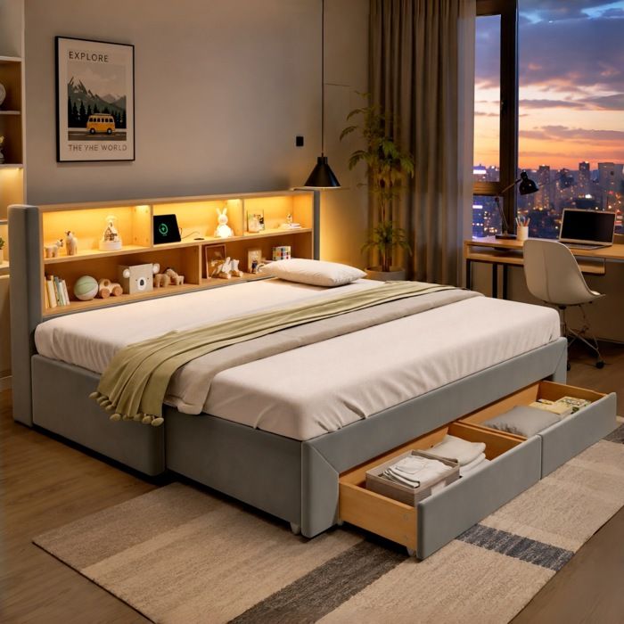 ELVORIN Lit capitonné gris en velours lit extensible 90 x 200 cm à 180 cm 2 tiroirs USB LED rangement