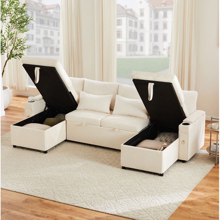 Canapé convertible en U 4 places 272 x 131 x 84 cm chenille et corduroy rangement porte-gobelet beige
