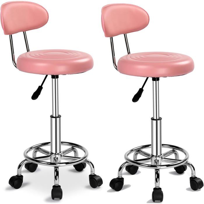 Tabouret de bureau à roulettes avec dossier - rotation 360° hauteur réglable 49-53 5 cm - cuir PU noir et base chromée