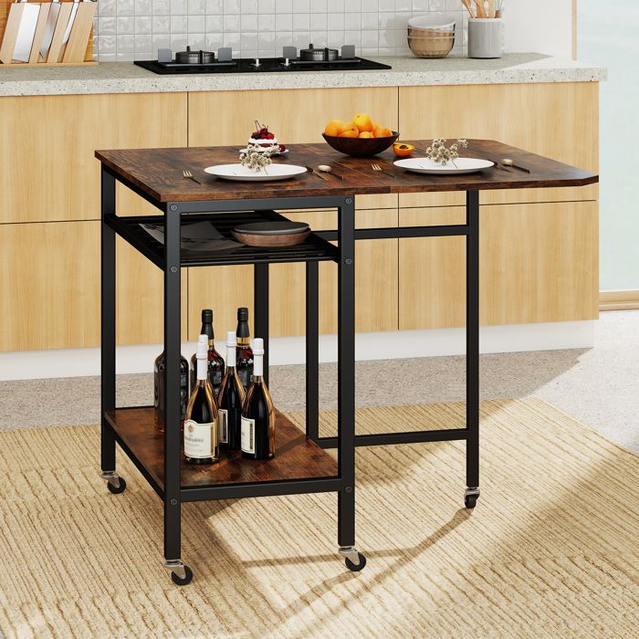 COSTWAY Table à manger pliable sur roulettes plateau extensible porte-bouteilles cadre métallique stable pour cuisine et salon COSTWAY Table à manger pliable sur roulettes plateau extensible porte-bouteilles cadre métallique stable pour cuisine et salon