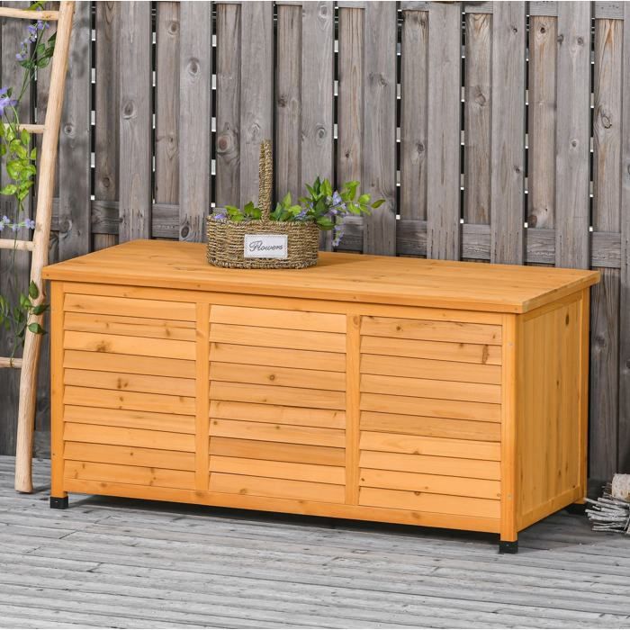 Meuble de rangement dextérieur avec coffre couvercle relevable et chaînes - MODENVIE - Jardin Bois Jaune 127×56×60 cm