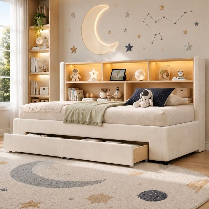 Lit combiné 1/2 places 90 × 200 et 180 × 200 cm 2 tiroirs USB Type-C et LED - HAVRYA - sans matelas velours beige