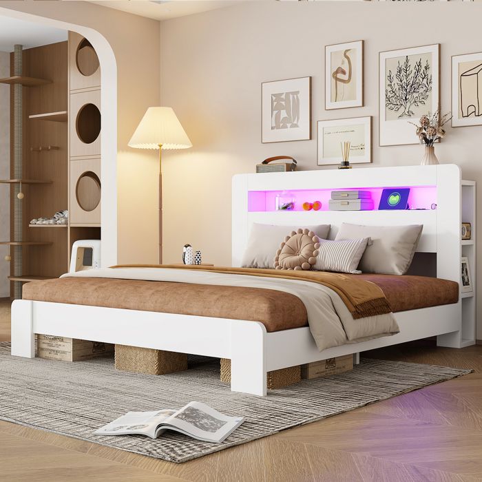 Lit 2 places 180x200 avec LED-prises et rangement tête de lit-cadre bois vintage-Blanc