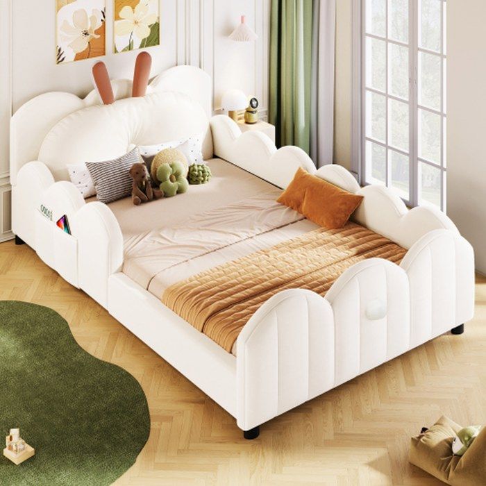 Lit-plateforme rembourré 90x200 cm avec coussin en forme de lapin beige - lit enfant tendance et confortable