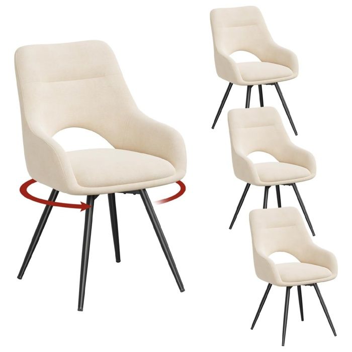 Chaise pivotante en chenille beige - WOLTU - Lot de 4 - Dossier creusé - Accoudoirs hauts - Pieds métalliques Chaise pivotante en chenille beige - WOLTU - Lot de 4 - Dossier creusé - Accoudoirs hauts - Pieds métalliques