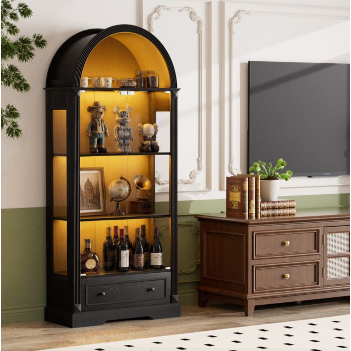 MEULVA Vitrine armoire haute 180 cm verre trempé LED 3 couleurs 1 tiroir noir MDF