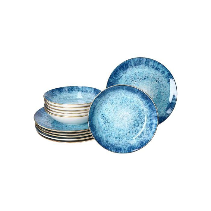 Service de table - MAMBOCAT - Marina - 12 pièces - Porcelaine bleue motif océan Gischt - Compatible lave-vaisselle & micro-ondes Service de table - MAMBOCAT - Marina - 12 pièces - Porcelaine bleue motif océan Gischt - Compatible lave-vaisselle & micro-ondes