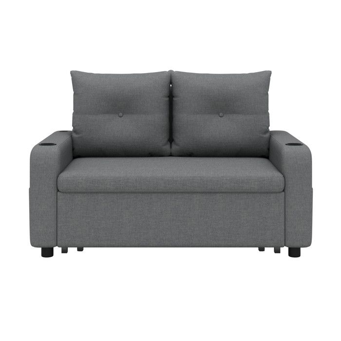 Canapé-lit convertible 3 en 1 gris 2 places aspect lin USB/Type-C porte-gobelets
