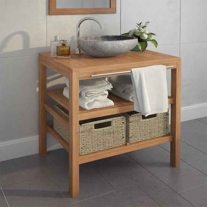 Hengl Meuble De Salle De Bain Avec 2 Paniers Teck Massif 74x45x75 Cm Cdiscount Maison