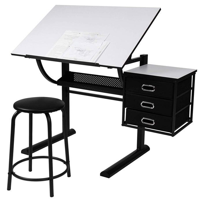 Table à dessin et tabouret avec plateau inclinable et commode avec