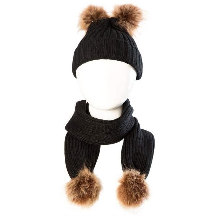 Ensemble Bonnet + écharpe Bébé 3-24 Mois - Acrylique Doux Et Chaud - Pompons Ours - Taille élastique - Pour Hiver