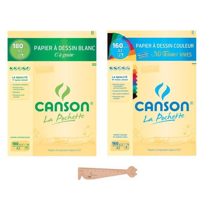 Lot de 2 Canson A3 : Papier à Dessin C Grain Blanc + Papier à Dessin  Couleur Mi-Teintes Vives + 1 Règle en Bois Chat Blumie - Cdiscount Jeux -  Jouets