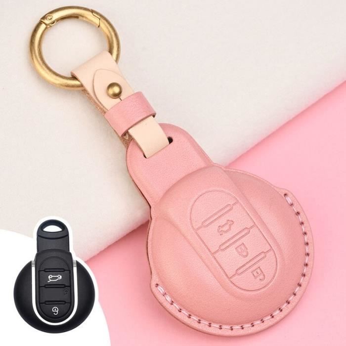 Coque clé,Porte-clés de voiture en cuir avec anneau de protection
