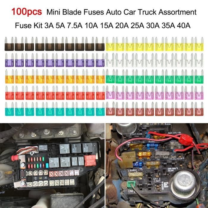 Pièces Auto,Kit de Mini fusibles avec lame, 12v, pour voiture, 100 pièces, adaptateur fusible, 2A, 3A, 5A, 7.5A, 10A, 15A, 20A,