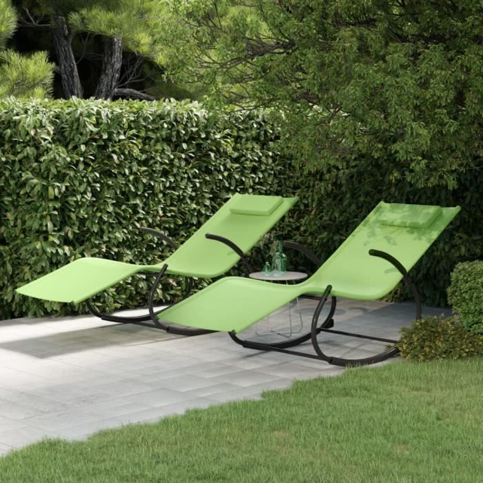 Chaises longues à bascule - Bain de soleil Transat - Vert - Acier enduit de poudre et textilène