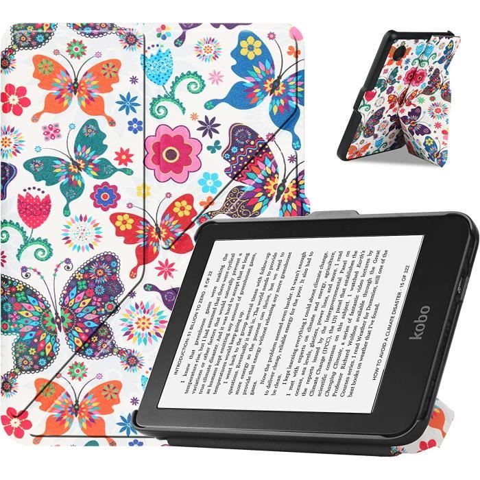 Etui avec Support pour Kobo Clara 2E Papillons Fleurs Coque Protection Kobo Clara 2e - Tolino Shine 4 Housse Auto Réveil-Sommeil