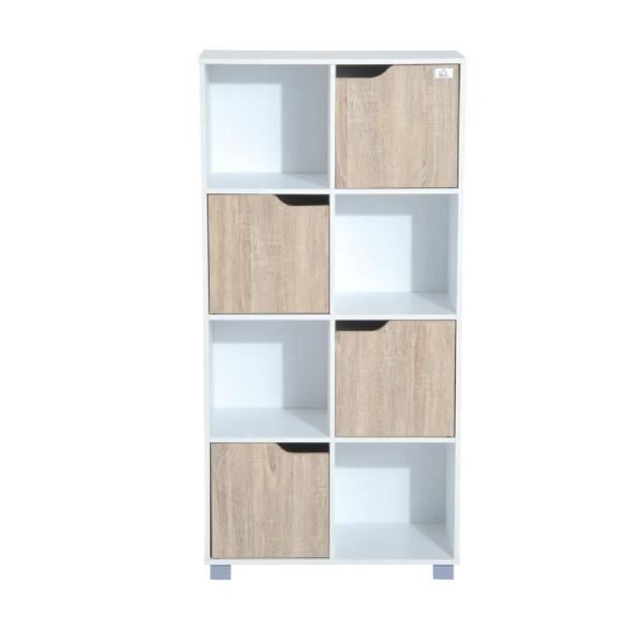 Bibliothèque meuble de rangement bicolore 4 casiers ouverts 5 portes  coloris bois de chêne et blanc neuf 28WT