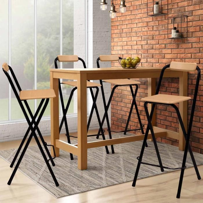 IDMARKET Lot de 4 tabourets de bar pliants DETROIT structure noire avec assise effet bois design industriel IDMARKET Lot de 4 tabourets de bar pliants DETROIT structure noire avec assise effet bois design industriel