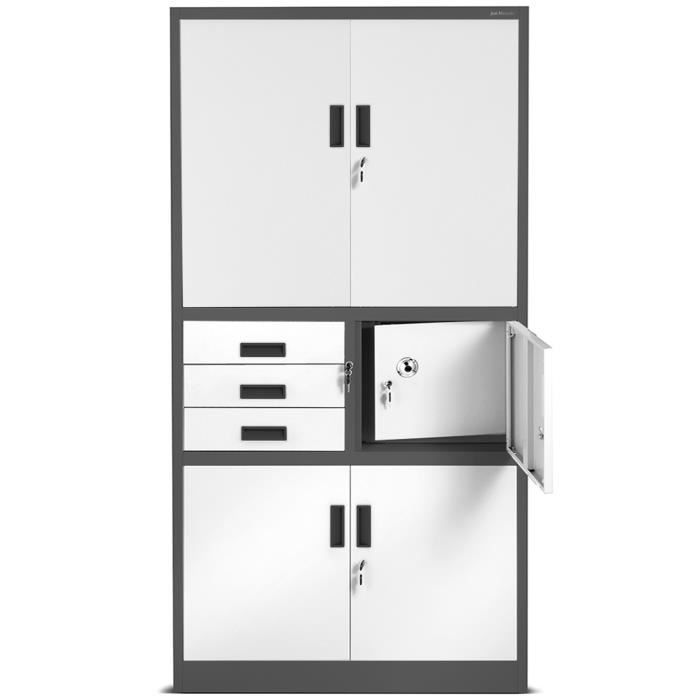 Armoire de Bureau C018S II Métallique Coffre-Fort Compartiment Secret Portes battantes 185 cm x 90 cm x 40 cm (Anthracite/Blanc)
