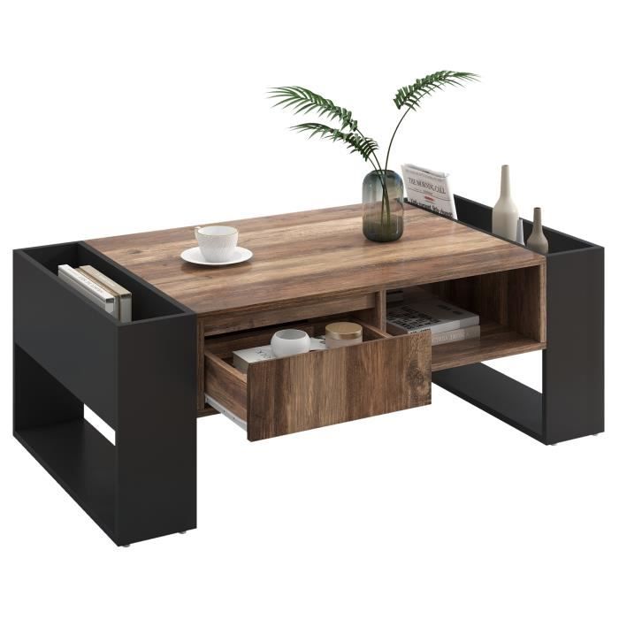 table basse rectangulaire avec tiroir et espace de rangement latéral, table de salon, bout de canapé, noir et marron,106.4x40x60cm