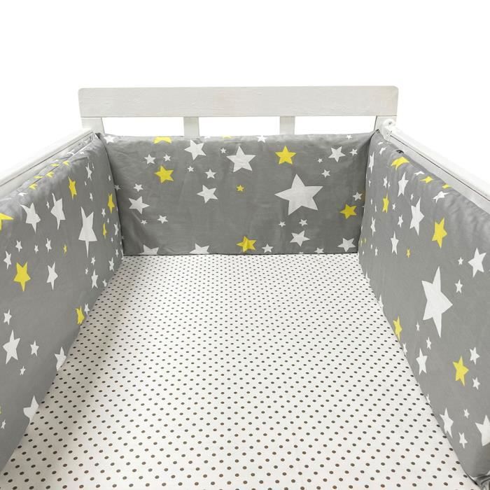 Tour de lit bébé 200 x 30 cm, coussin barrière anti-collision pour berceau contour lit bébé respirant en coton, étoile gris clair