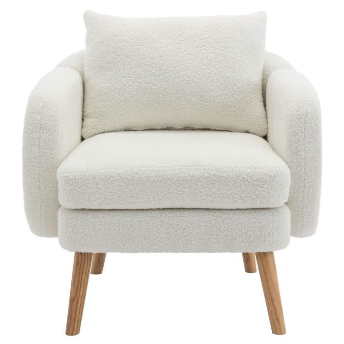 Fauteuil en tissu teddy avec coussin - pieds en bois massif - blanc Fauteuil en tissu teddy avec coussin - pieds en bois massif - blanc