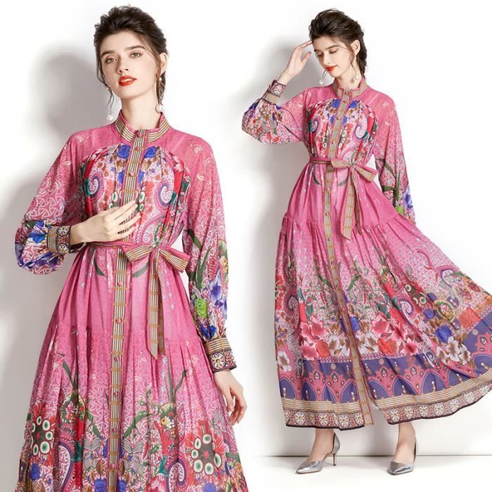 Robe,Robe maxi  manches longues bouffantes et col en V pour femme ...