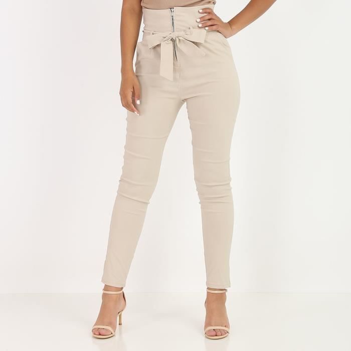 Pantalon taille haute beige à zip et ceinture