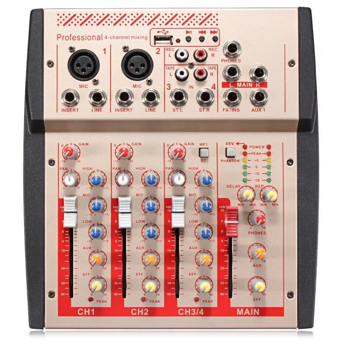 Mini Mixeur Audio Stéréo 4 Canaux - 4 Entrées / 1 Sortie 3.5 Mm, Réglage Volume Et Graves/Aigus, Alimentation 5-12V