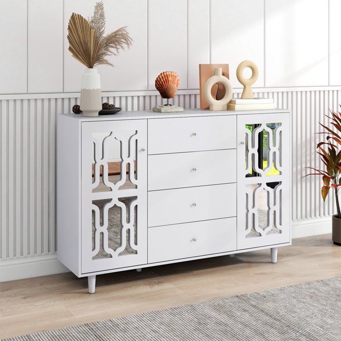 Buffet bas miroir blanc avec poignées en cristal - Buffet salle a manger - 2 Portes - 4 tiroirs - Contemporain
