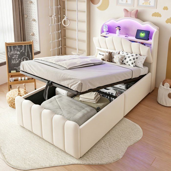 Lit coffre 90x200 enfant capitonné avec rangement tête de lit éclairage LED RGB intelligent station de charge 3 USB 1 Type‑C