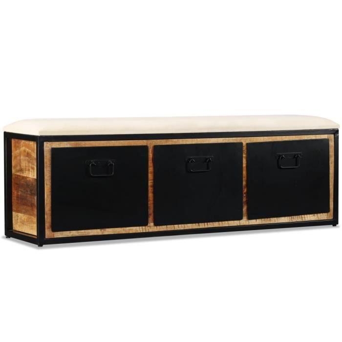 banc de rangement avec 3 tiroirs - qqmora - vintage - marron et noir - bois de manguier massif + cadre en fer forgé - 120x30x40 cm